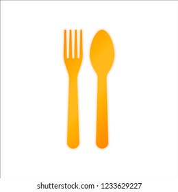 Fork and spoon, icon. Kitchen tools. Orange sign with low light on white background