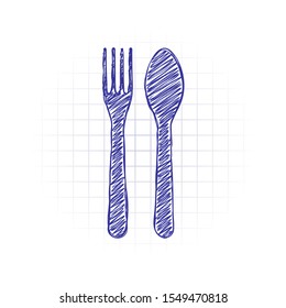 Fork and spoon, icon. Kitchen tools. Hand drawn sketched picture with scribble fill. Blue ink. Doodle on white background