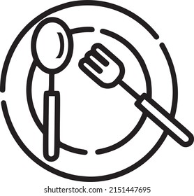 Icono de horquilla y cuchara en la placa, icono del vector de línea, EPS