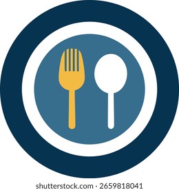 Un icono de tenedor y cuchara en un plato aislado sobre fondo blanco