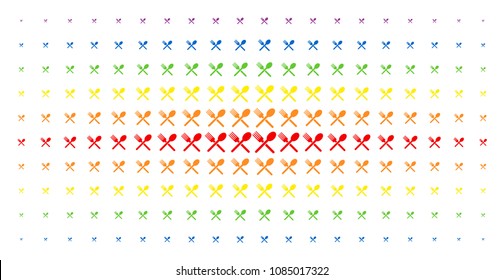 Fork and spoon icon rainbow colored halftone pattern. Vector fork and spoon objects are arranged into halftone matrix with vertical rainbow colors gradient. Designed for backgrounds, covers,