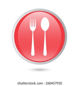 Fork and spoon icon - restaurant sign, red glossy button.