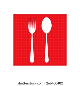 Fork and spoon icon - restaurant sign, red square button. 