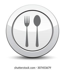 Fork and spoon icon - restaurant sign, silver button.
