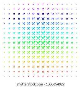Fork And Spoon icon spectrum halftone pattern. Vector fork and spoon shapes arranged into halftone grid with vertical spectral gradient. Designed for backgrounds, covers and abstraction effects.