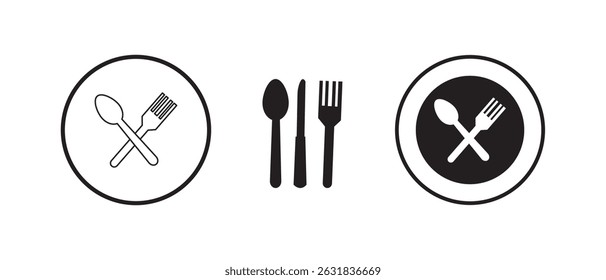Fork and spoon icon vector set. Restaurant utensil symbol. Dinner dish or plate with spoon and fork sign outline for apps and websites.