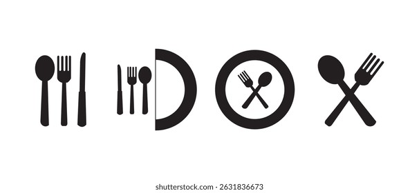 Fork and spoon icon vector set. Restaurant utensil symbol. Dinner dish or plate with spoon and fork sign outline for apps and websites.