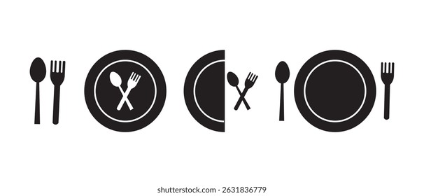 Fork and spoon icon vector set. Restaurant utensil symbol. Dinner dish or plate with spoon and fork sign outline for apps and websites.