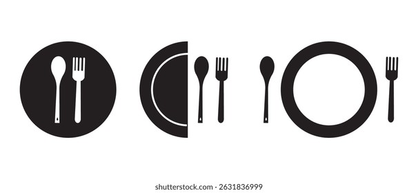 Fork and spoon icon vector set. Restaurant utensil symbol. Dinner dish or plate with spoon and fork sign outline for apps and websites.