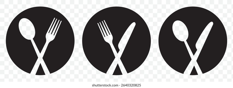 Fork and spoon icon vector set. Restaurant utensil symbol. Dinner dish or plate with spoon and fork sign outline for apps and websites  on Transparent Background. EPS 10.