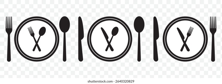 Fork and spoon icon vector set. Restaurant utensil symbol. Dinner dish or plate with spoon and fork sign outline for apps and websites  on Transparent Background. EPS 10.