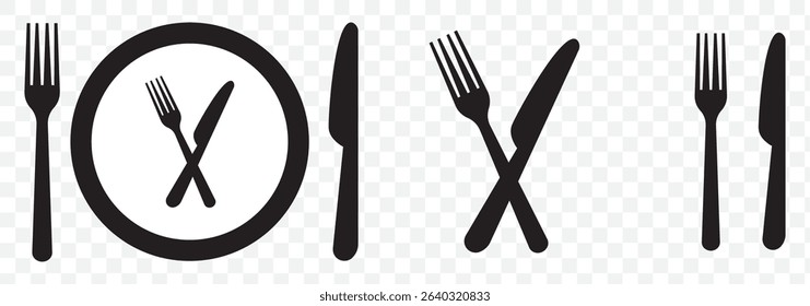 Fork and spoon icon vector set. Restaurant utensil symbol. Dinner dish or plate with spoon and fork sign outline for apps and websites  on Transparent Background. EPS 10.