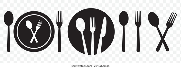 Fork and spoon icon vector set. Restaurant utensil symbol. Dinner dish or plate with spoon and fork sign outline for apps and websites  on Transparent Background. EPS 10.