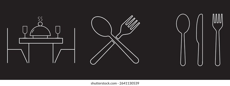 Fork and spoon icon vector set. Restaurant utensil symbol. Dinner dish or plate with spoon and fork sign outline for apps and websites. Silverware solid monochrome icon set. Fork, Spoon and Knife icon