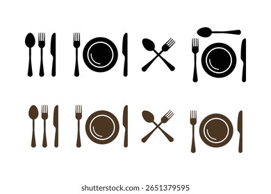 Fork and spoon icon vector set. Restaurant utensil symbol. Dinner dish or plate with spoon and fork sign outline for apps and websites.