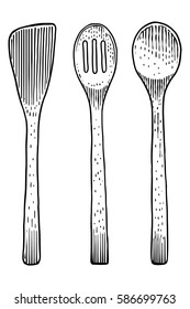 fork, spoon illustration, drawing, engraving, line art, wood, bamboo, set, collection, vector