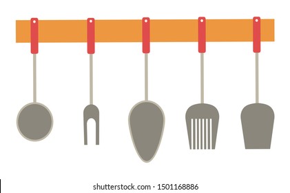 Fork and spoon, isolated wooden shelf with hanging cutlery, kitchen decoration. Wooden plank with spatula and tool for barbeque utensils set. Vector illustration in flat cartoon style