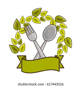 fork and spoon kitchen tools with leaves and ribbon