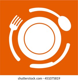 Fork, Spoon, Knife Around The Dish, Vector Culinary Icon 