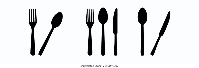 Fork spoon knife black icon set. Black silverware sign. Vector utensil illustration 