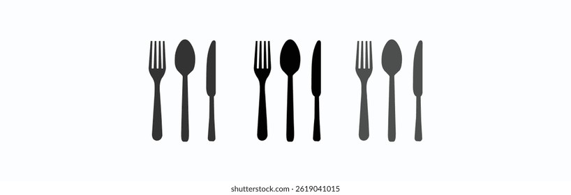Fork spoon knife black icon set. Black silverware sign. Vector utensil illustration 