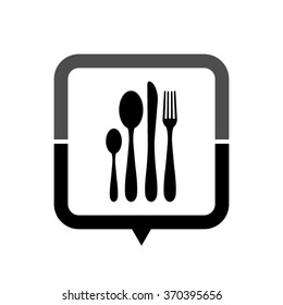 fork spoon knife - black vector icon; map pointer;  message bubble