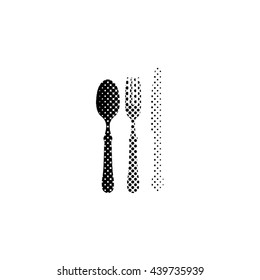 fork spoon knife - black vector icon;  halftone illustration