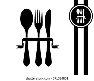 fork spoon and knife - black and white vector icon