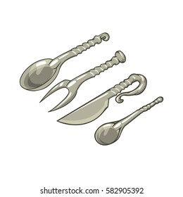 fork, spoon and knife cartoon medieval cutlery set on white background