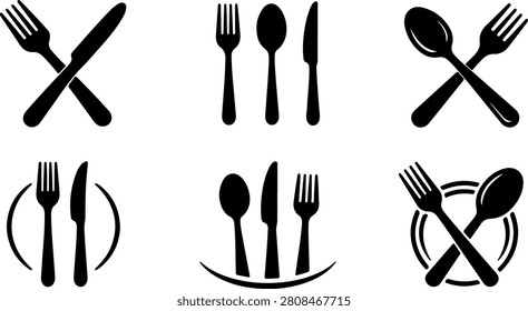 Fork Spoon and Knife Cutlery Silhouette Icons Set, Restaurant Dining Utensils Vector Collection, Kitchen Flat Black Tableware Symbols EPS