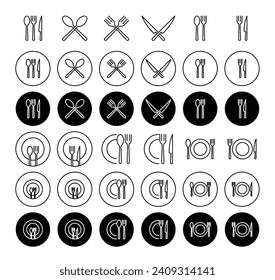 fork, spoon, and knife cutlery vector icon set. restaurant lunch silverware plate and cutlery vector symbol.