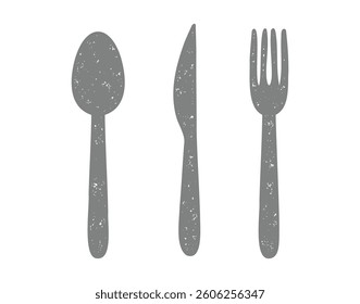 fork, spoon, and knife doodle textured hand drawn icon set. silhouette drawing spoon, fork and knife line clipart symbol collection. Vector illustration