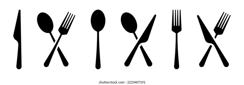 Fork, spoon and knife flat black vector icons. Cutlery silhouette. Silverware silhouettes. Fork spoon knife icon set. Vector