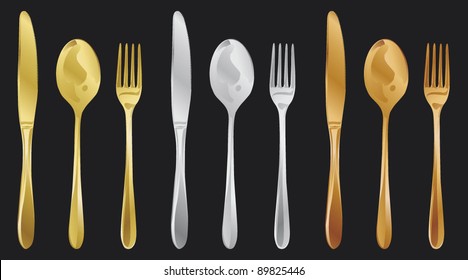 fork, spoon and knife - gold silver bronze