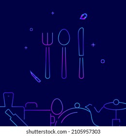 Fork Spoon Knife gradient line vector icon, simple illustration on a dark blue background, kitchen related bottom border.