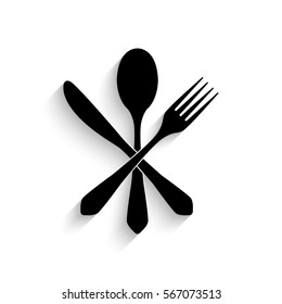 Fork spoon and knife icon - black vector illustration with  shadow