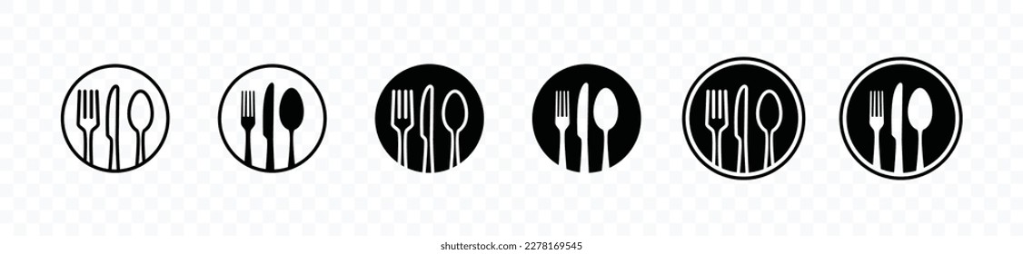 Gabel, Löffel und Messersymbol im Kreis. Das Cutlery Icon ist in Linie und flach. Symbol für das Dinnerware-Symbol. Restaurantschild und -symbol. Vektorgrafik