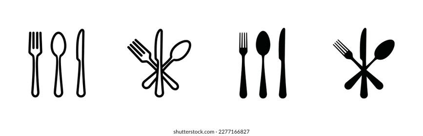 Fork, spoon, and knife icon. Cutlery icon set in line and flat style. Dinnerware icon symbol. Restaurant sign and symbol. Vector illustration