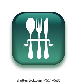 fork spoon and knife icon - glossy vector button