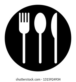 Fork spoon knife icon on black circle. White background