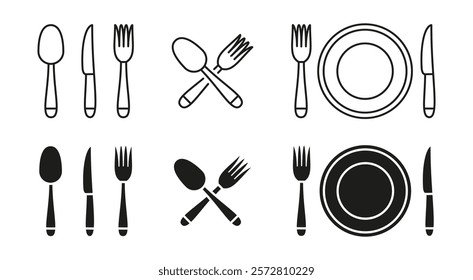 Fork, spoon and knife icon set. Cutlery with plate vector illustration. Eatery or cafe menu symbol. Dinner and culinary tableware. Restaurant flatware sign. Breakfast and lunch pictogram. Meal concept