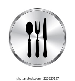 fork spoon knife icon - vector brushed metal button