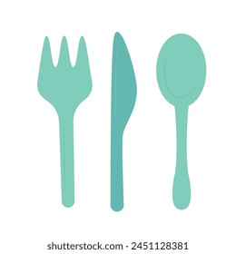 Fork, spoon, knife. Illustration of set cutlery for serving in flat style isolated on white background, kitchen elements for eating. Vector illustration for print, banner, card, brochure, logo, menu