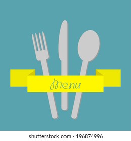 Fork, spoon and knife inside yellow ribbon. Menu. Flat design style. Vector illustration