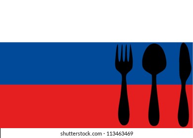Fork, spoon and knife isolated on the Russia flag
