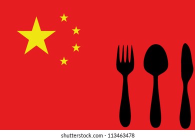 Fork, spoon and knife isolated on the China flag