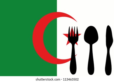 Fork, spoon and knife isolated on the Algeria flag