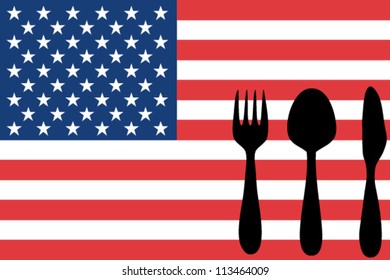 Fork, spoon and knife isolated on the United States of America flag