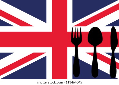 Fork, spoon and knife isolated on the United Kingdom flag