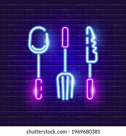 Fork, spoon and knife neon icon. Glowing Vector illustration icon for mobile, web and menu design. Serving concept.